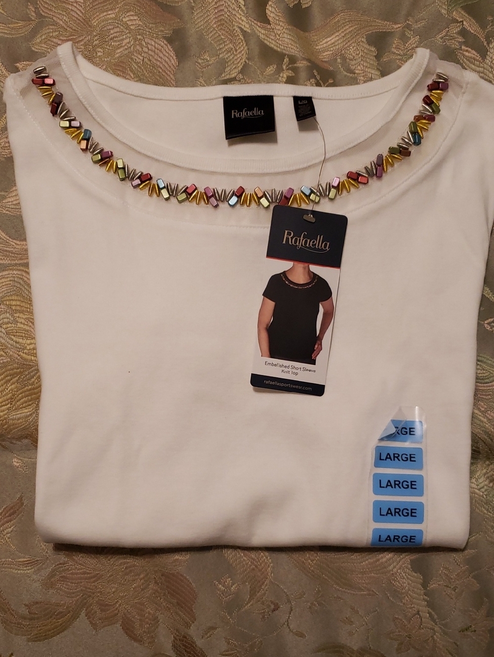 NWT-Rafaella Snow White Short-Sleeve Crewneck Top with Jeweled Neckline - Picture 7 of 8